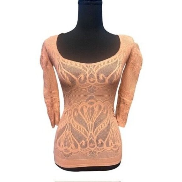 FREE PEOPLE WOMEN Lace Style Tan Long Sleeve Top STRETCHY COUNTRY COTTAGE SCANDI - Picture 1 of 3